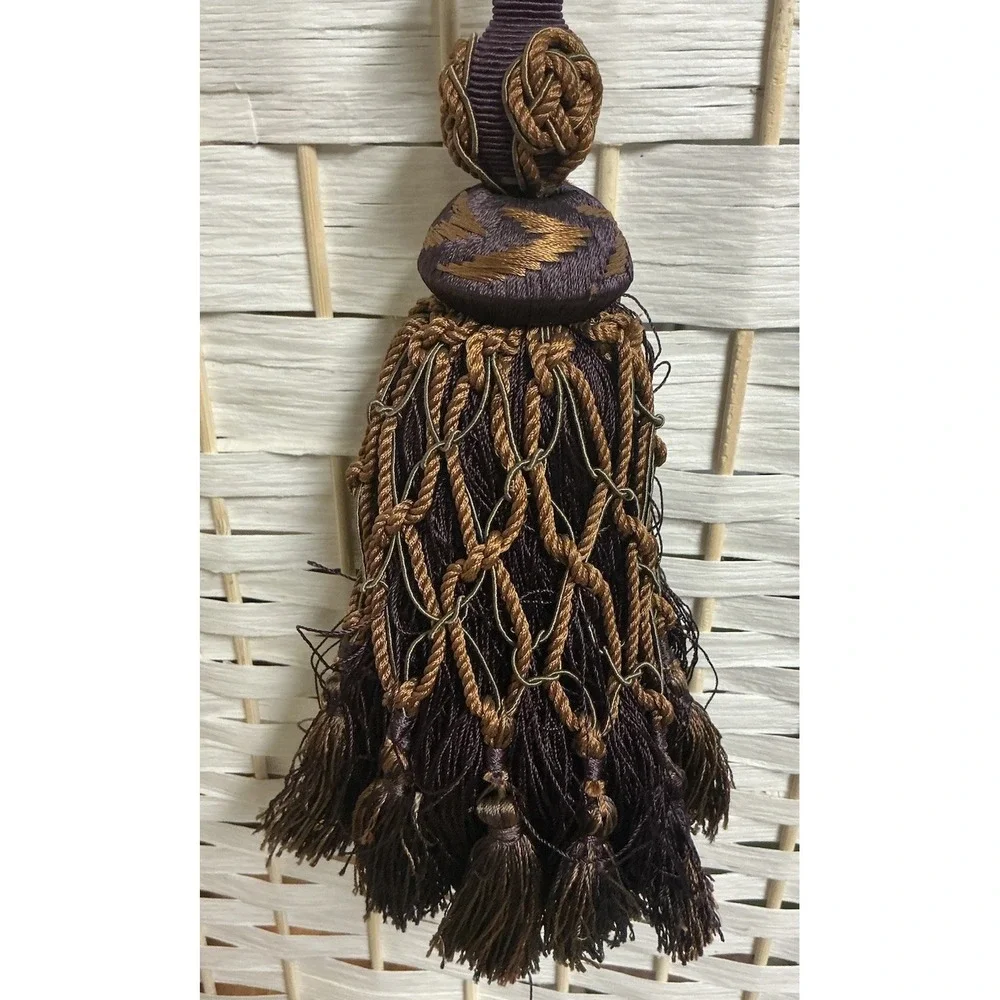 Pair Vintage French Style Drapery Tassel Tiebacks Purple Plum Bronze Netted 2pc